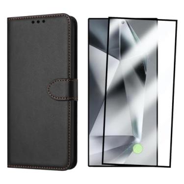 Imagem de Capa Carteira Flip Case para Samsung Galaxy S24 Ultra com Película de Vidro Temperado 3D, Proteção de Câmera, Preto