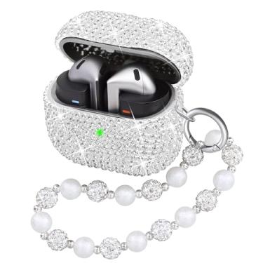 Imagem de Ucharmbead Capa compatível com Samsung Galaxy Buds 3 e Galaxy Buds 3 Pro, capa brilhante de cristal, com cordão brilhante e pingente de chaveiro para mulheres (prata)