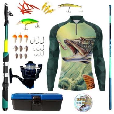 Imagem de Kit Camiseta De Pesca Mais Artigos Para Pescaria Vara Telescopica Isca