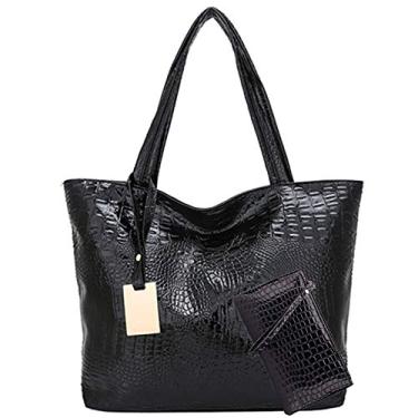Imagem de Bigfanshu Bolsa feminina macia de couro PU padrão bolsa feminina 2020 nova bolsa de ombro feminina de grande capacidade principal, Preto, 31*30*12