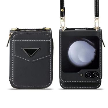 Imagem de Capa de telefone carteira crossbody para Samsung Flip5 Flip4 5G Suporte para cartão com cordão de couro, preto, para Galaxy Z Flip5 5G