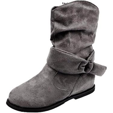 Imagem de Botas de cano curto para mulheres femininas bico redondo fivela tira fivela botas com zíper lateral camurça plana salto baixo botas, Cinza, 41 BR