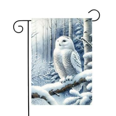 Imagem de ShineSnow Pássaro de coruja da neve sentado no galho de árvore inverno floresta vida selvagem animal jardim bandeira quintal 30,5 cm x 45,7 cm bandeira de poliéster dupla face bandeira de boas-vindas