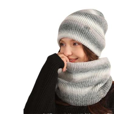 Imagem de Conjunto de cachecol feminino, cor gradiente, felpudo, gorro de malha, gorros de lã grossa, vermelho, tamanho único