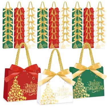 Imagem de Kolldenn Pacote com 50 sacos pequenos de presente de Natal a granel com alças de folha dourada, vermelho, branco, verde, sacos de feliz Natal com laço, lembrancinhas de festa de Natal e doces para