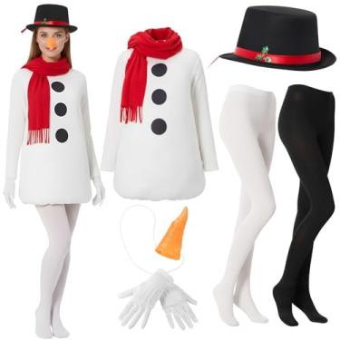 Imagem de Hillban 7 peças kit de fantasia de boneco de neve de Natal feminino fantasia de boneco de neve de Natal com capa, cachecol, chapéu, luvas, meia-calça de nariz de cenoura (M)