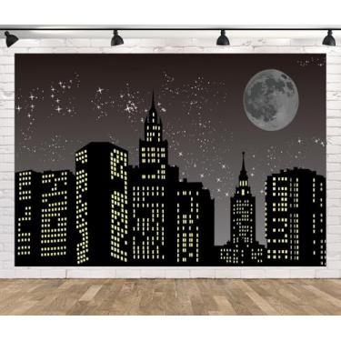 Imagem de Loccor Tecido 3 x 2,4 m de desenho animado super cidade pano de fundo arranha-céu urbano céu noturno lua e estrelas fundo para fotos de super-heróis, decorações de festa de aniversário de crianças