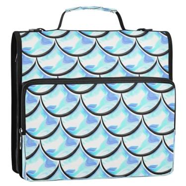 Imagem de Wassud Fichário azul claro com zíper em escamas de sereia com 3 anéis com alça de ombro e alça de vários bolsos, organizador de pastas expansíveis