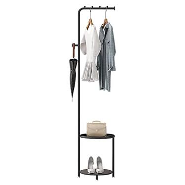 Imagem de Cabide de metal independente para cabide doméstico de metal para sala de estar corredor canto vertical com duas bandejas prateleira de casaco em pé (Cor: Dourado) (Preto)