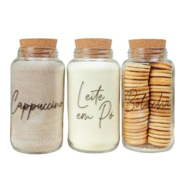 Imagem de Kit Cantinho do Café - 3 Potes de Vidro 810ml com Tampa Rolha de Cortiça (Cappuccino, Leite em Pó e Bolacha)