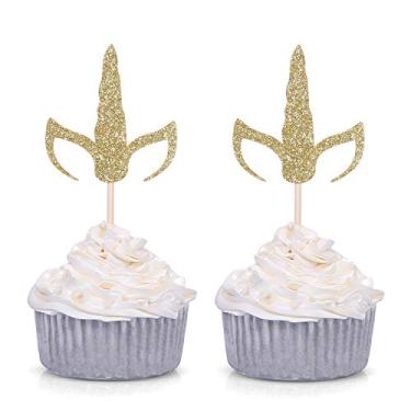 Imagem de Conjunto de 24 capas de cupcake de unicórnio com glitter dourado chifre e orelhas para chá de bebê decoração de festa de aniversário infantil