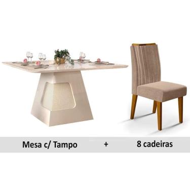 Imagem de Conjunto: Mesa Sala Jantar Dala Madeirado c/ Vidro 136cm + 8 Cadeiras Ísis Ipê/Kraft - DJ Móveis