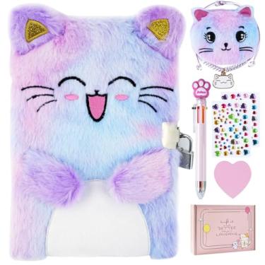 Imagem de Cat Diary with Lock, Gift for 6 7 8 Year Old Girl, Secret Diary Journal Notebook with Coin Purse, Bracelet, Multicolored Pen, Post-it Notes, Stickers, Practical Gift for Birthday, Christmas (A Happy Cat)