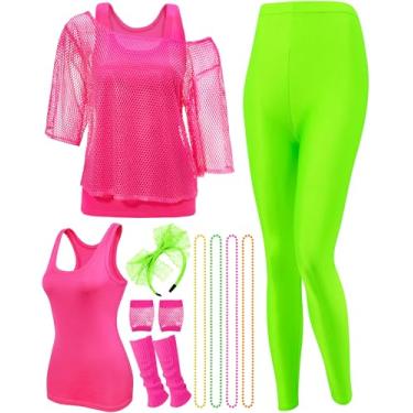 Imagem de Jadive 12 peças acessórios de fantasia dos anos 80 para festa feminina arrastão camisa legging colete faixa de cabelo colar luvas polainas polainas, Rosa vermelha, verde, Large