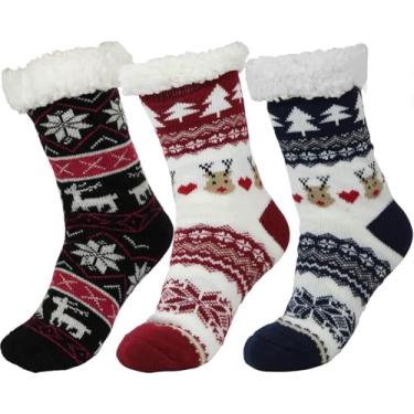 Imagem de BenSorts Meias femininas de inverno grossas com pegas, antiderrapantes e felpudas 3 pares, preto, vermelho, azul, Natal, 6-10