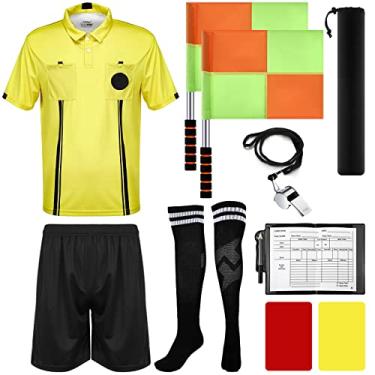 Imagem de Hicarer Kit de pacote de 6 peças de árbitro de futebol masculino traje de árbitro camisa de árbitro bandeiras de linesman, apito de árbitro de árbitro de futebol esportivo acessório de futebol para adulto adolescente (GG)