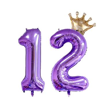 Imagem de Balão roxo com 12 números, balões jumbo de 81 cm com coroa destacável balão de formatura para decoração de festa de aniversário de 38 anos, 12 adereços de fotos de aniversário de casamento, festa