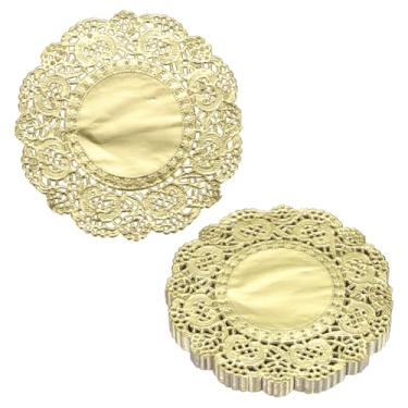 Imagem de HARFINGTON 100 peças de papel de renda, 8,5 cm, dourado, descartável, decorativo, jogo americano vazado, para bolos, sobremesas, decoração de comida, casamento, aniversário