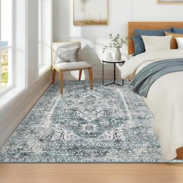 Imagem de dainslef Tapetes para sala de estar, antiderrapante, lavável, vintage, ultrafino, leve, medalhão retrô, tapete que não cai para quarto, sala de jantar, casa, escritório, casa de fazenda, azul-petróleo