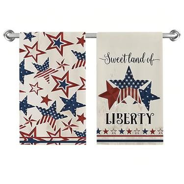 Imagem de Conjunto de 2 toalhas de prato com estrela de 4 de julho, toalhas de mão do Memorial Day, pano de prato de secagem de 46 x 66 cm, toalhas de prato sazonais para cozinha, banheiro, decoração de casa