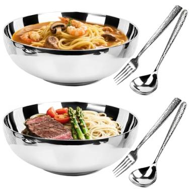 Imagem de LANGMINGDE Pacote com 2 tigelas de macarrão de aço inoxidável, tigelas de sopa e salada de parede dupla de 1,332 g inquebráveis, pratos grandes de cereal/ramen/macarrão/pó de 22 cm com 2 colheres e