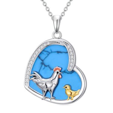 Imagem de HPQQ Colar de galinha/pato/flamingo/pinguim para mulheres, colar turquesa, pingente de coração, joia animal, presente de Natal para mulheres amantes de animais, Large, Prata esterlina, Turquesa