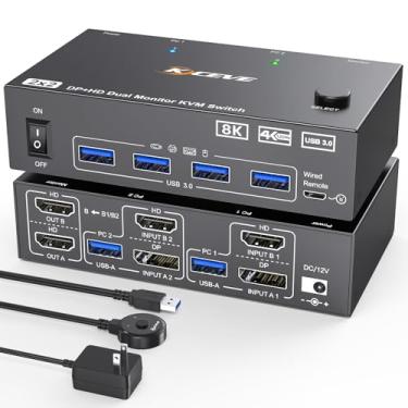 Imagem de KVM Switch 2 monitores 2 computadores 8K @60Hz/4K @144Hz, HDMI Displayport KVM Switches para 2 PC Sharing Dual Monitor e teclado mouse com adaptador de alimentação, controlador de extensão com fio e