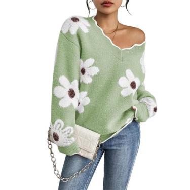 Imagem de Suéter Pink Queen feminino de manga comprida com decote em V verde cla