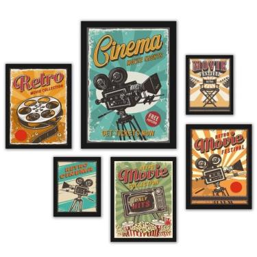 Imagem de Quadros Decorativos Sala de Cinema - Kit 6 Quadros - Madeira Preta - Vidro - Limpeza