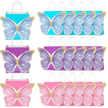 Imagem de KERINGO 24 peças de sacos de lembrancinha de festa de borboleta com alças rosa roxo azul borboleta presente papel presente sacos de doces para festa de aniversário suprimentos de chá de panela