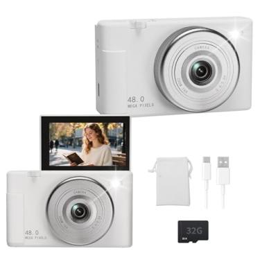 Imagem de Câmera digital 2K com multifiltro de 48 MP, zoom 16X, antivibração, tela LCD de 3 polegadas, câmera vlogging compacta com cartão SD de 32G, branca