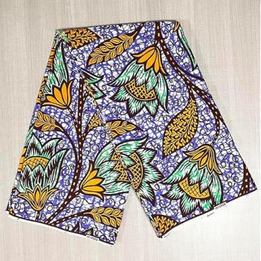 Imagem de Impressão em tecido de cera real africana Batik Soft Ankara amarelo e azul - 100% algodão para todas as ocasiões - Tecidos DIY para nigeriano, Gana, casamento africano, festas, igreja - 6 metros