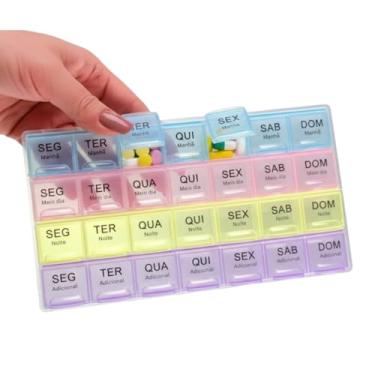 Imagem de Porta Comprimidos 4 X Dia Semanal Caixa Remédios, Organizador de Medicamentos Semanal com 4 Períodos, 28 Compartimentos, Caixa para Comprimidos, Divisórias para Manhã, Meio Dia, Noite e Adicional