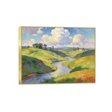 Imagem de BMZFYBS Impressão em tela de paisagem de arte de parede com moldura dourada - nuvens de rio de montanha - quadros de pintura de decoração para quarto 60 x 80 cm 24 x 31 pol