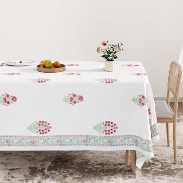 Imagem de Stitch Haven Toalha de mesa de buquê de flores azul-petróleo 152 x 228 cm – estampa de bloco feita à mão, rosa e azul-petróleo, 100% algodão, lavável na máquina, toalha de mesa retangular | Coleção de