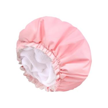 Imagem de ccHuDE Touca de banho rosa reutilizável à prova d'água touca de banho dupla camada ajustável touca de banho chapéu de cabelo de banho com faixa elástica para mulheres meninas