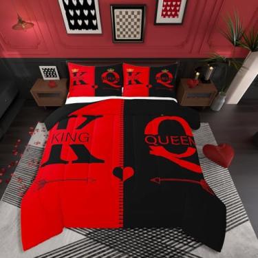 Imagem de Erosebridal Conjunto de edredom casal casal casal amante, preto e vermelho, romântico, rei e rainha, presentes de casamento, edredom fofo de coração e flecha, para quarto