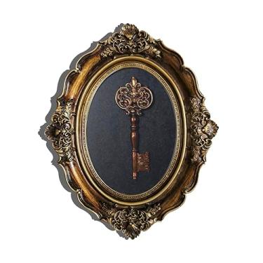 Imagem de XIAOAIKA Decoração de chave oval barroca vintage, moldura de resina dourada bronze antigo com visor de chave de metal real, decoração de parede e mesa para entrada de sala de estar, quarto, 25 x 20 cm