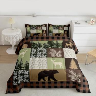 Imagem de Feelyou Conjunto de edredom de cabana de fazenda, urso, veado, tamanho Queen com 2 fronhas, rústico, floresta, pinheiro, xadrez, búfalo, decoração de quarto, edredom macio
