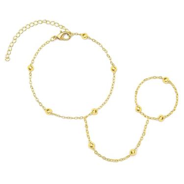 Imagem de Pulseira de corrente de mão banhada a ouro 14K com anel, delicada pulseira de dedo de zircão cúbico, joia corporal de punho ajustável presentes para mulheres, One Size, Zircônia cúbica