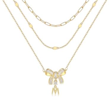 Imagem de YOVIEE Colar feminino com inicial de borboleta, banhado a ouro 14 quilates, 3 camadas, pingente de letra A-Z, colar de corrente de cabo e clipe de papel, nome personalizado, joia delicada, presente