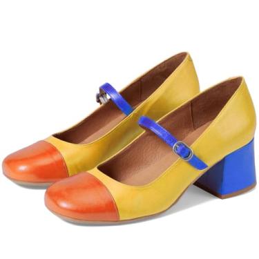 Imagem de SHODENSE Sapato feminino arco-íris salto baixo grosso Mary Jane sapato bico quadrado tira no tornozelo sapatos dois tons salto bloco médio Mary Janes Lolita sapatos multicoloridos patchwork casamento
