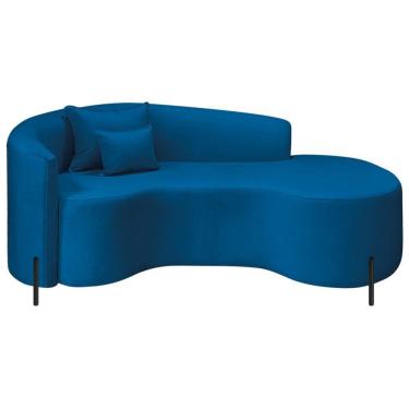 Imagem de Divã Recamier Curvo Sala De Estar Recepção Inglaterra 200cm Pés Metal Preto Lado Direito Linho Azul Royal