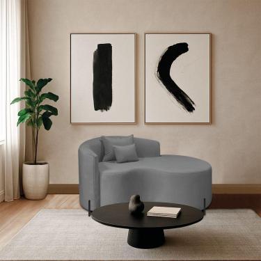 Imagem de Divã Recamier Curvo Sala De Estar Recepção Inglaterra 150cm Pés Metal Preto Lado Direito Bouclé Cinza