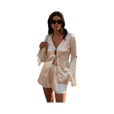 Imagem de Conjunto De Pijama De Seda Com Mangas Longas E Detalhes Em Renda Para 