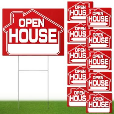 Imagem de Sinais de casa aberta (pacote com 10), placas de quintal dupla face de 40,64 cm x 30,48 cm com estacas de metal H, placas de imóveis abertas, placas de setas direcionais de venda de propriedade, à prova de clima ((pacote com 10))