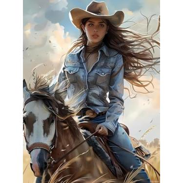 Imagem de HMDIIMGE Kit de pintura de diamante DIY The Cowgirl on Horseback 5D Round Diamond Painting for Adult Cowboy Diamond Art Kit para decoração de parede e sala de estar 30 x 40 cm