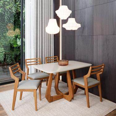 Imagem de Sala De Jantar Bromelia 130cm Com 4 Cadeiras Damasco Madeira- Off White- Cinza
