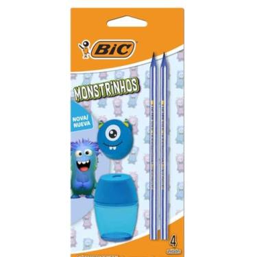 Imagem de 530080 - BIC, Kit Escolar Monstrinho Azul, 2 Lápis Preto Pijama, 1 Borracha e 1 Apontador, 4 Itens