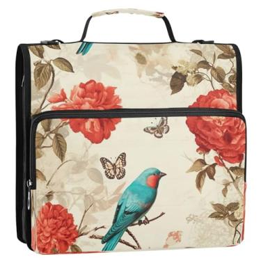 Imagem de Wassud Pasta organizadora expansível com 3 anéis de pássaros e flores turquesa com alça de ombro e alça de vários bolsos